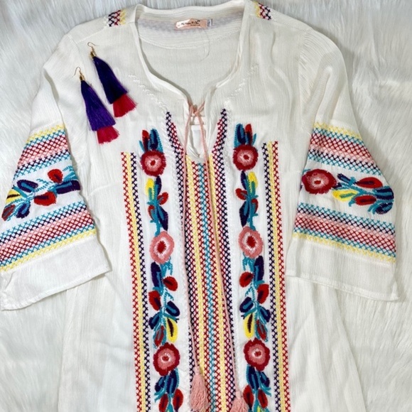 Floral Embroidered Dress Tassels Maxi Kaftan Linen Colorful Boho - Picture 7 of 14